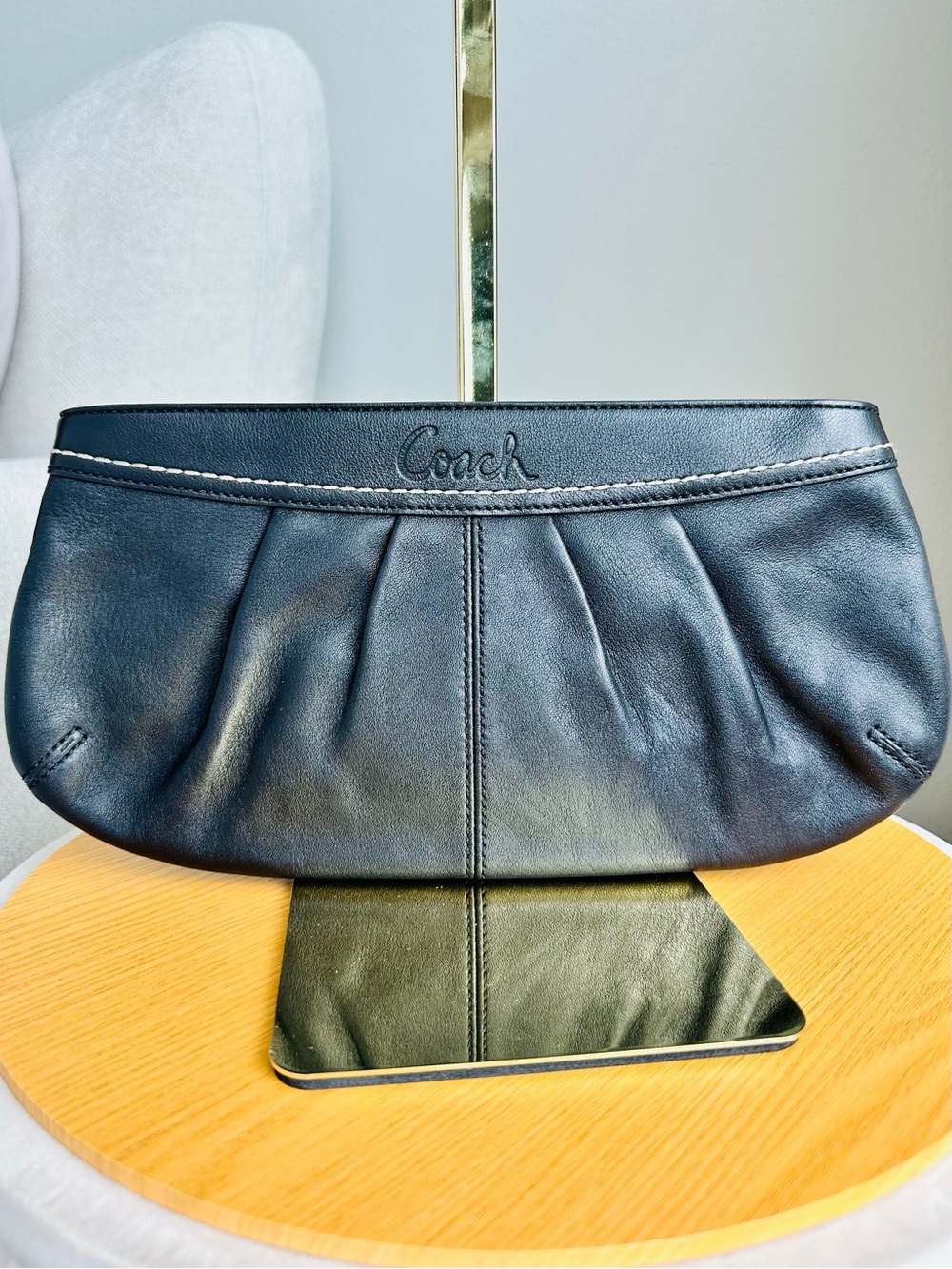 Coach Black Leather Pleated Clutch Wristlet Pouch Evening Bag F13734